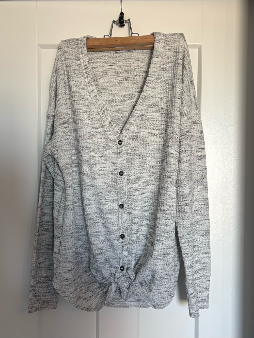 Dex Light Gray Marled V-Neck Button Front Knit Top